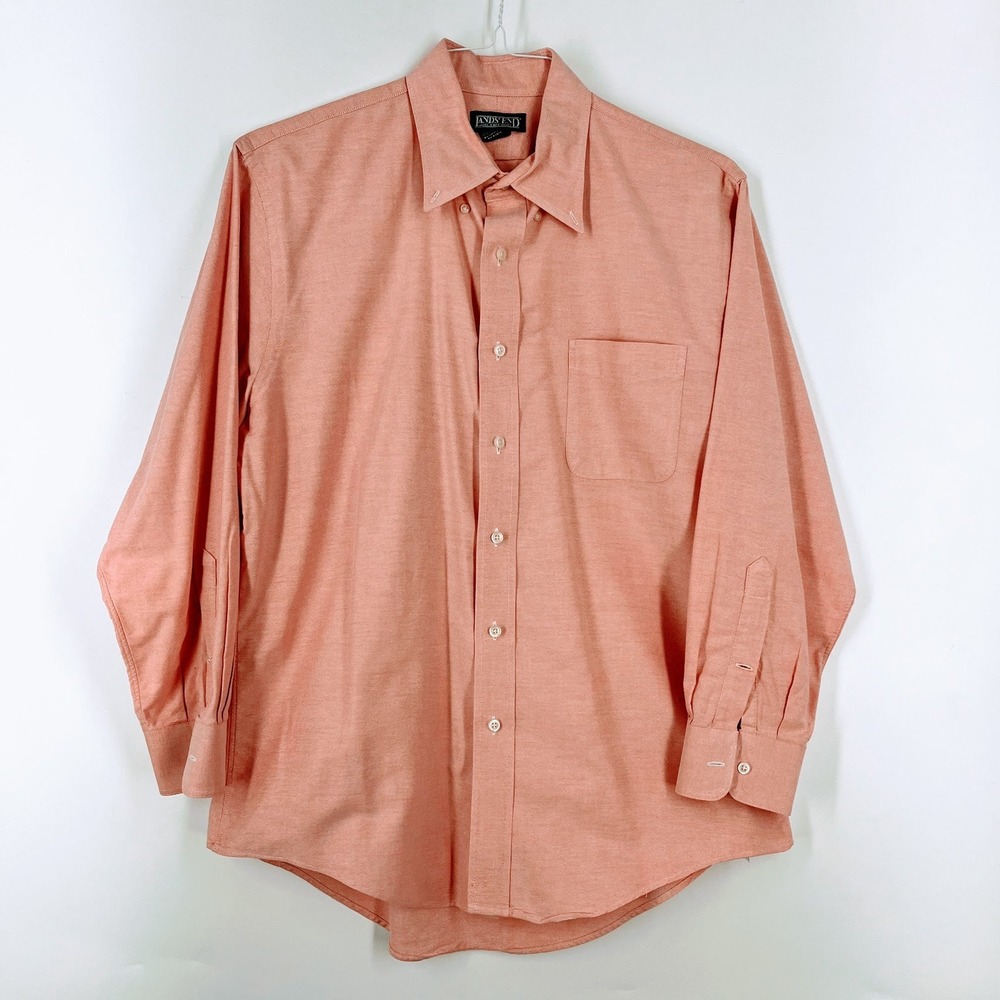 Lands End Mens Salmon Pink 100% Cotton Button Down Long Sleeve Shirt Classic Fit